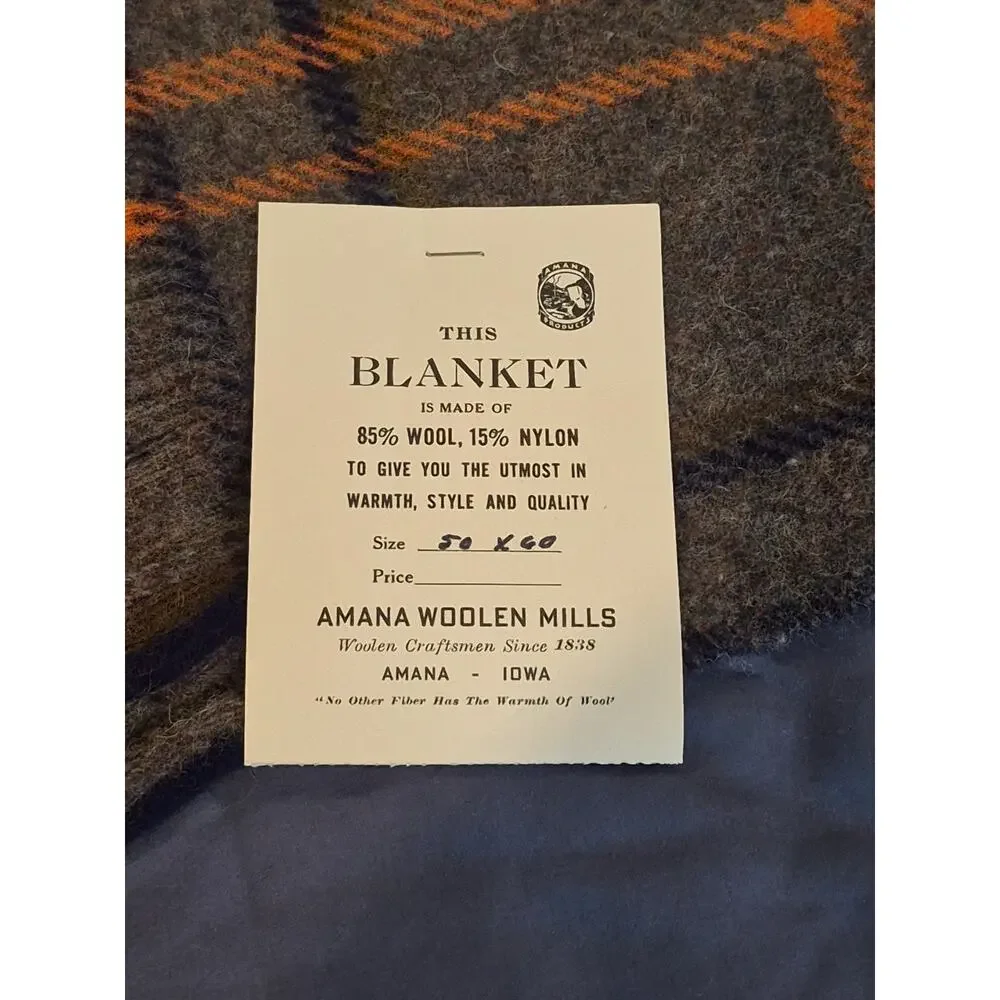 Amana Woolen Mills Gray Blue Orange Fringed Throw Blanket 50x60 NEW IN ORIGINAL